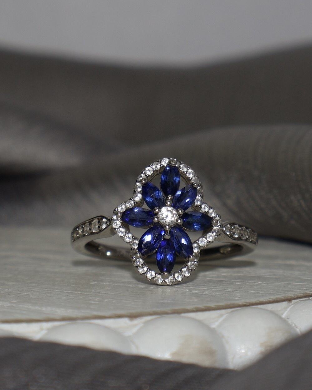 P M Sterling Silver Sapphire & Diamond Ring 2.2G / Sz 7
